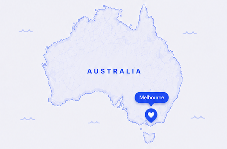 Stylised map of Australia labelled AUSTRALIA, with Melbourne marked by a pin and label.